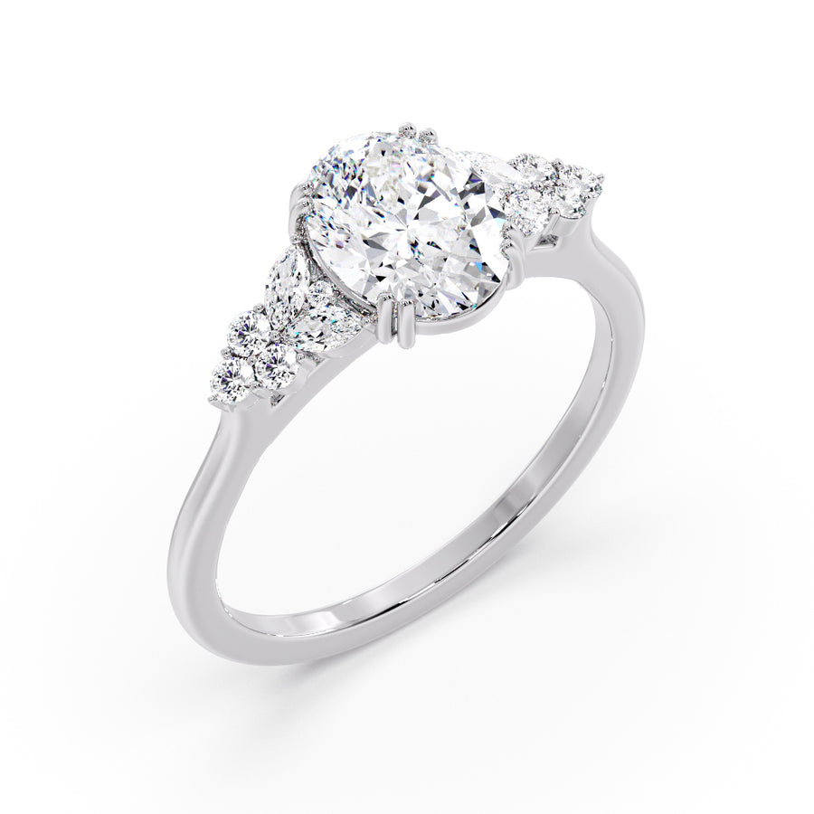Lynn Vintage Cluster Oval Natural Diamond Engagement Ring - GEMNOMADS