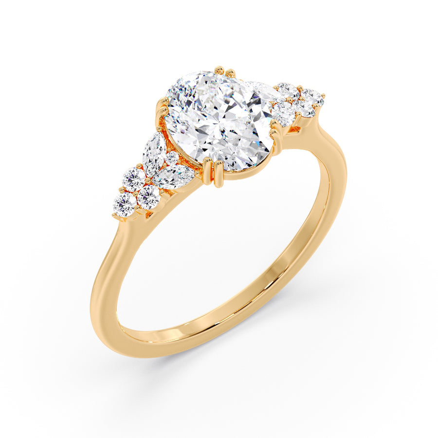 Lynn Vintage Cluster Oval Natural Diamond Engagement Ring - GEMNOMADS