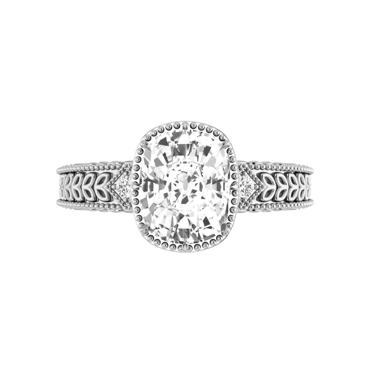 Old mine elongated cushion diamond engagement ring in white gold