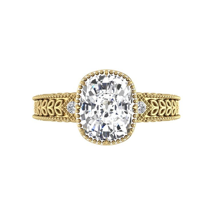 Old mine elongated cushion diamond engagement ring in yellow gold