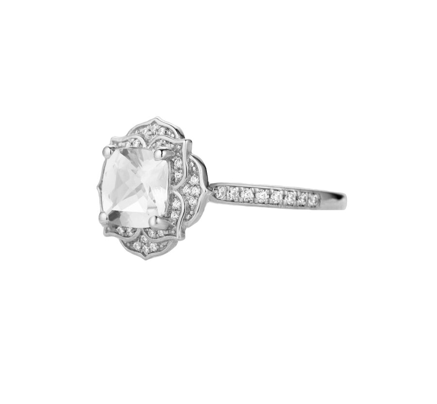 Peony Cushion Cut Lab Grown Diamond Engagement Ring in 18K Gold - GEMNOMADS