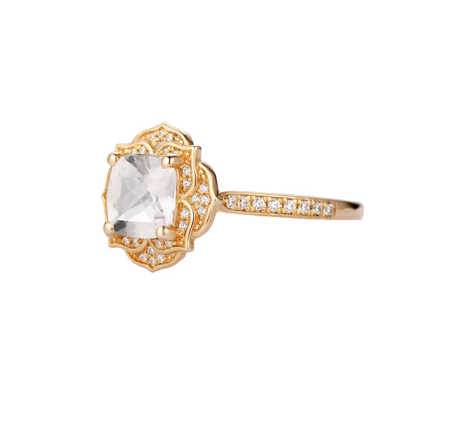 Peony Cushion Cut Lab Grown Diamond Engagement Ring in 18K Gold - GEMNOMADS