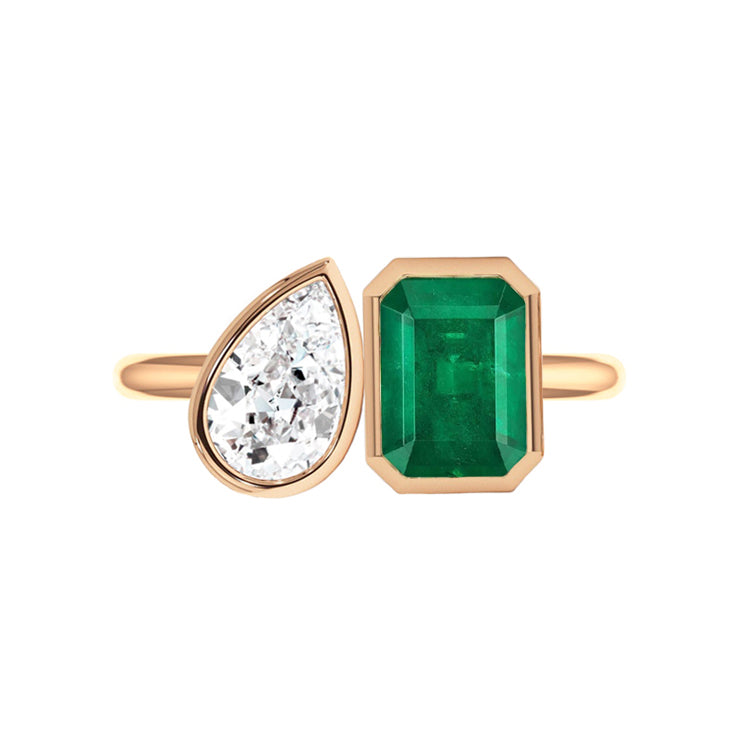 Toi Et Moi Bezel Lab Grown Pear Diamond and Emerald Gemstone Engagement Ring