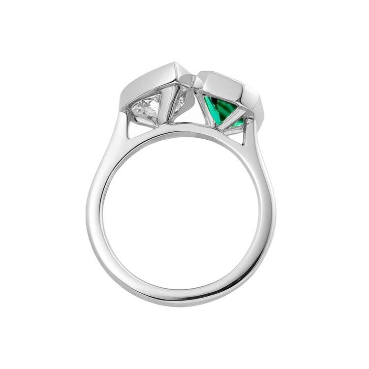 Toi Et Moi Bezel Lab Grown Pear Diamond and Emerald Gemstone Engagement Ring