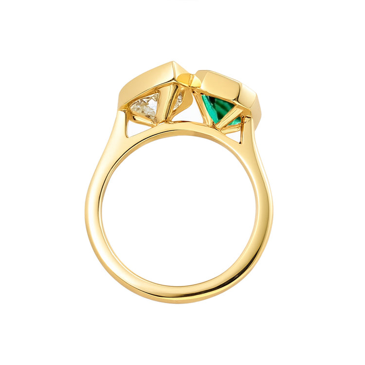 Toi Et Moi Bezel Lab Grown Pear Diamond and Emerald Gemstone Engagement Ring