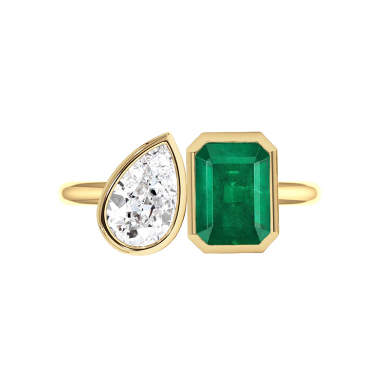 Toi Et Moi Bezel Lab Grown Pear Diamond and Emerald Gemstone Engagement Ring